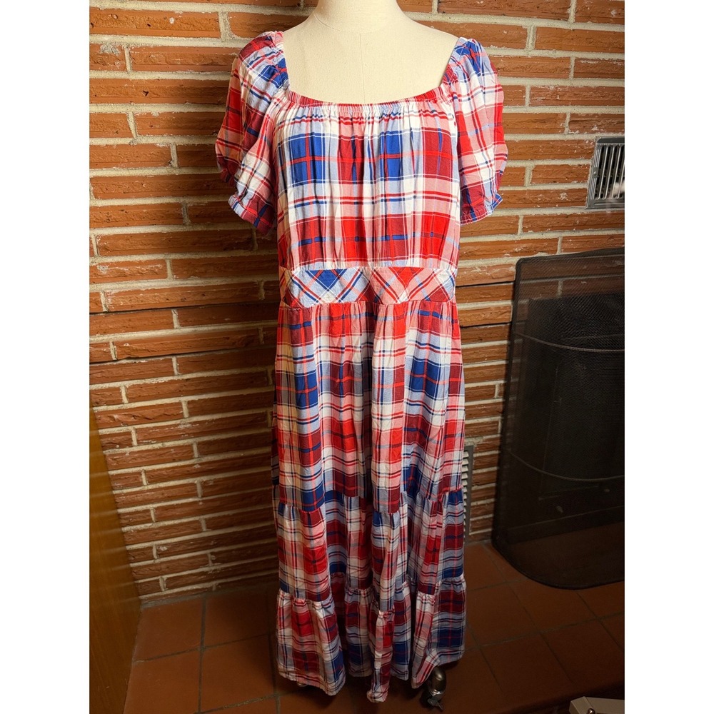 Torrid Plaid Tiered Maxi Dress Americano R/W/B Puff Sleeve Square Neck Large - Picture 6 of 9